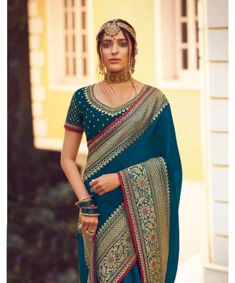 Blue Tasar Silk Designer Havy Saree With Blouse Piece 3