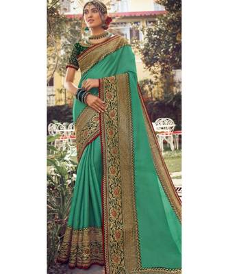 Teal green Tasar Silk Designer Havy Saree With Blouse Piece 1