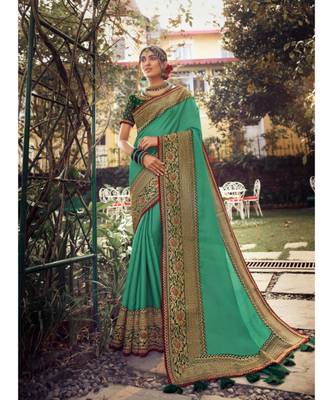 Teal green Tasar Silk Designer Havy Saree With Blouse Piece 2