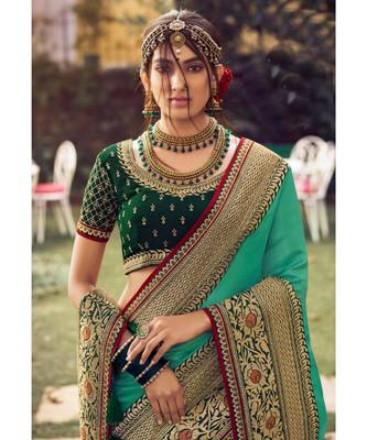 Teal green Tasar Silk Designer Havy Saree With Blouse Piece 3