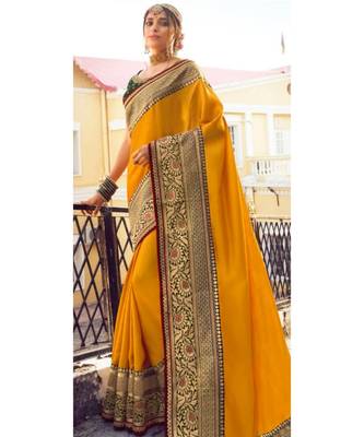 Yellow Tasar Silk Designer Havy Saree With Blouse Piece 1