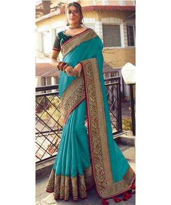 Sky Blue Tasar Silk Designer Havy Saree With Blouse Piece 1