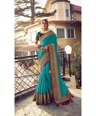 Sky Blue Tasar Silk Designer Havy Saree With Blouse Piece 2