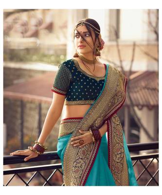 Sky Blue Tasar Silk Designer Havy Saree With Blouse Piece 3