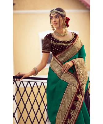 Green Tasar Silk Designer Havy Saree With Blouse Piece 2
