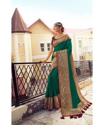 Green Tasar Silk Designer Havy Saree With Blouse Piece 3