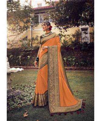 Orange Tasar Silk Designer Havy Saree With Blouse Piece 2