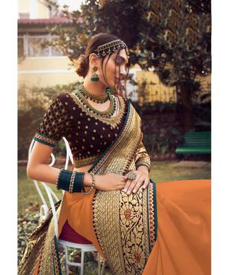 Orange Tasar Silk Designer Havy Saree With Blouse Piece 3