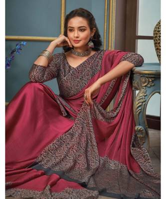 Pink Juliet Chiffon Border Work Saree With Blouse Piece 2