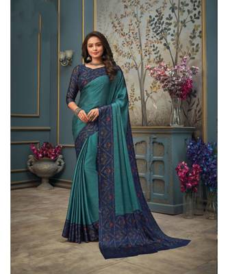Sky Blue Juliet Chiffon Border Work Saree With Blouse Piece 1