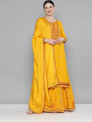 Kvsfab Mustard Color rayon Embroidered & sequnis work with gotta patti Foil print semi stitched kurta sets &dupatta 1