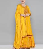 Kvsfab Mustard Color rayon Embroidered & sequnis work with gotta patti Foil print semi stitched kurta sets &dupatta