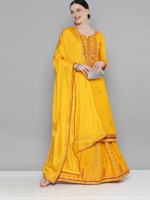 Kvsfab Mustard Color rayon Embroidered & sequnis work with gotta patti Foil print semi stitched kurta sets &dupatta 2