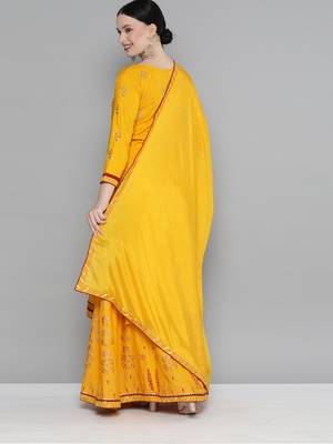 Kvsfab Mustard Color rayon Embroidered & sequnis work with gotta patti Foil print semi stitched kurta sets &dupatta 3