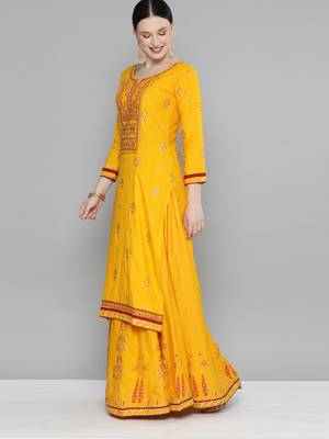 Kvsfab Mustard Color rayon Embroidered & sequnis work with gotta patti Foil print semi stitched kurta sets &dupatta 4