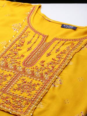Kvsfab Mustard Color rayon Embroidered & sequnis work with gotta patti Foil print semi stitched kurta sets &dupatta 6