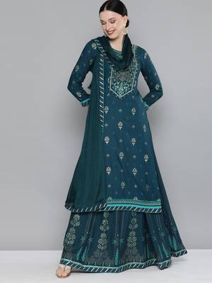 Kvsfab Teal green Color rayon Embroidered & sequnis work with gotta patti Foil print semi stitched kurta sets &dupatta 1