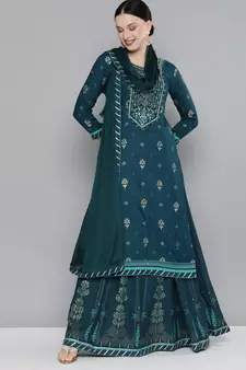 Kvsfab Teal green Color rayon Embroidered & sequnis work with gotta patti Foil print semi stitched kurta sets &dupatta