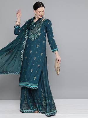 Kvsfab Teal green Color rayon Embroidered & sequnis work with gotta patti Foil print semi stitched kurta sets &dupatta 2