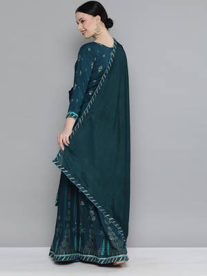 Kvsfab Teal green Color rayon Embroidered & sequnis work with gotta patti Foil print semi stitched kurta sets &dupatta 3