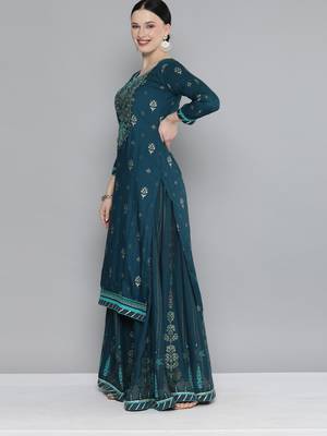 Kvsfab Teal green Color rayon Embroidered & sequnis work with gotta patti Foil print semi stitched kurta sets &dupatta 4