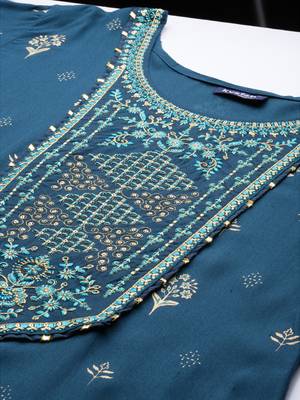 Kvsfab Teal green Color rayon Embroidered & sequnis work with gotta patti Foil print semi stitched kurta sets &dupatta 6