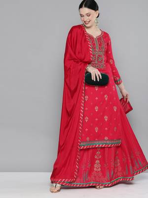 Kvsfab Pink Color rayon Embroidered & sequnis work with gotta patti semi Foil print stitched kurta sets &dupatta 1