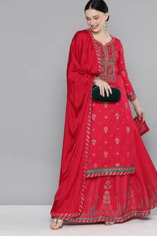 Kvsfab Pink Color rayon Embroidered & sequnis work with gotta patti semi Foil print stitched kurta sets &dupatta