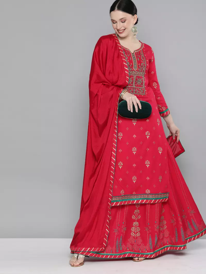 Kvsfab Pink Color rayon Embroidered & sequnis work with gotta patti semi Foil print stitched kurta sets &dupatta