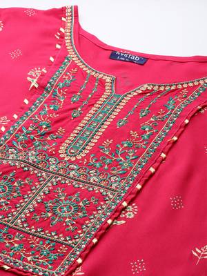 Kvsfab Pink Color rayon Embroidered & sequnis work with gotta patti semi Foil print stitched kurta sets &dupatta 6