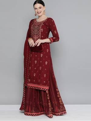 Kvsfab Maroon Color rayon Embroidered & sequnis work with gotta patti Foil print semi stitched kurta sets &dupatta 1