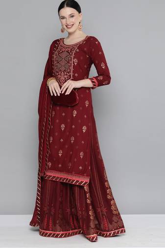 Kvsfab Maroon Color rayon Embroidered & sequnis work with gotta patti Foil print semi stitched kurta sets &dupatta
