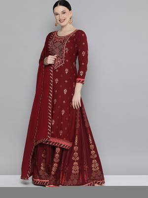 Kvsfab Maroon Color rayon Embroidered & sequnis work with gotta patti Foil print semi stitched kurta sets &dupatta 2