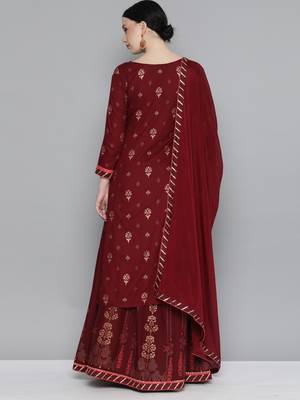Kvsfab Maroon Color rayon Embroidered & sequnis work with gotta patti Foil print semi stitched kurta sets &dupatta 3