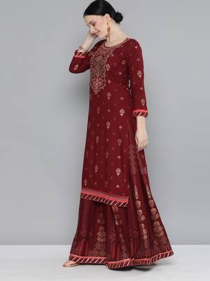 Kvsfab Maroon Color rayon Embroidered & sequnis work with gotta patti Foil print semi stitched kurta sets &dupatta 4