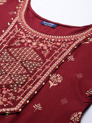 Kvsfab Maroon Color rayon Embroidered & sequnis work with gotta patti Foil print semi stitched kurta sets &dupatta 6
