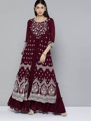 Kvsfab Wine Color Georgatte Embroidered with Sequins Work Party Wear KURTI 1