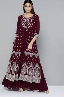 Kvsfab Wine Color Georgatte Embroidered with Sequins Work Party Wear KURTI