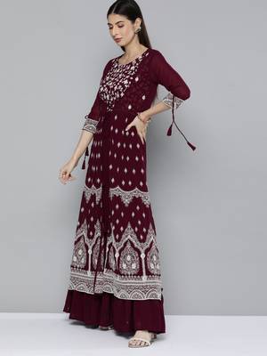 Kvsfab Wine Color Georgatte Embroidered with Sequins Work Party Wear KURTI 3