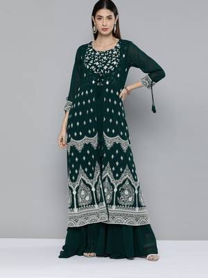 Kvsfab Green Color Georgatte Embroidered with Sequins Work Party Wear KURTI 1