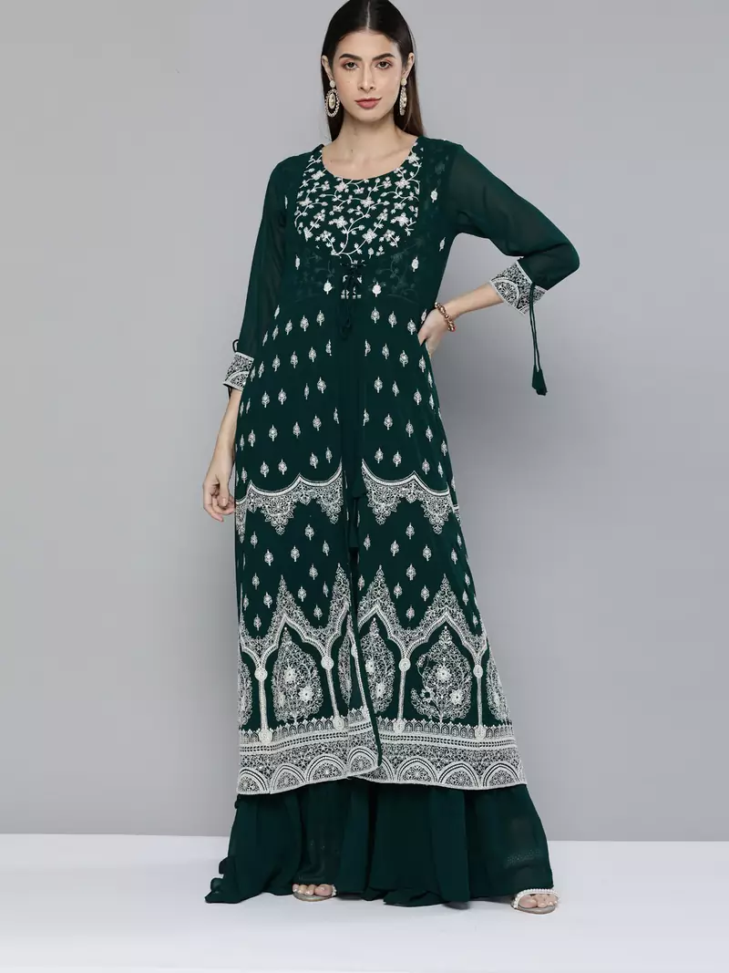 Kvsfab Green Color Georgatte Embroidered with Sequins Work Party Wear KURTI