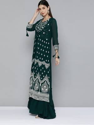 Kvsfab Green Color Georgatte Embroidered with Sequins Work Party Wear KURTI 3