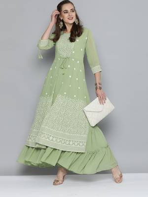 Kvsfab olive green  color Georgatte Embroidery with Sequins Work Party Wear KURTI 1