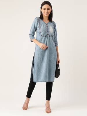 Kvsfab SKYBlue Cotton denim readymade with COIN WORK ON BODICE LINE party wear kurti 1
