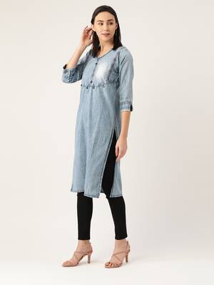 Kvsfab SKYBlue Cotton denim readymade with COIN WORK ON BODICE LINE party wear kurti 3