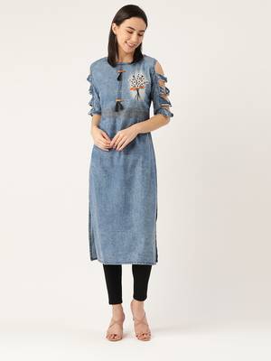 Kvsfab Blue color EMBROIDERY Denim Kurta 1