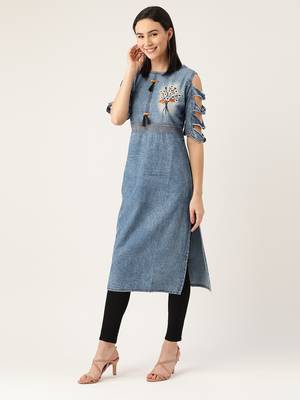 Kvsfab Blue color EMBROIDERY Denim Kurta 3
