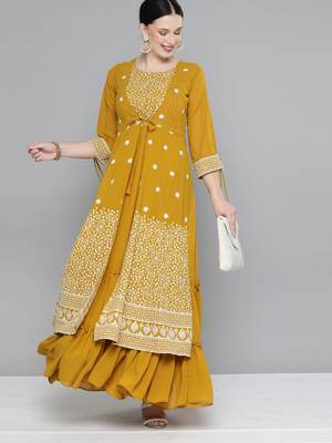 Kvsfab mustred  color Georgatte Embroidery with Sequins Work Party Wear KURTI 1