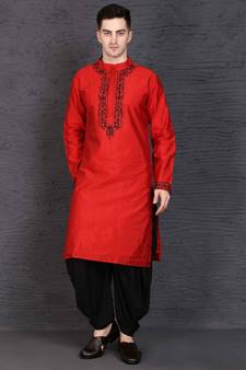 Red raw silk kurta with Dhoti