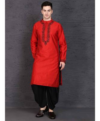 Red raw silk kurta with Dhoti 1